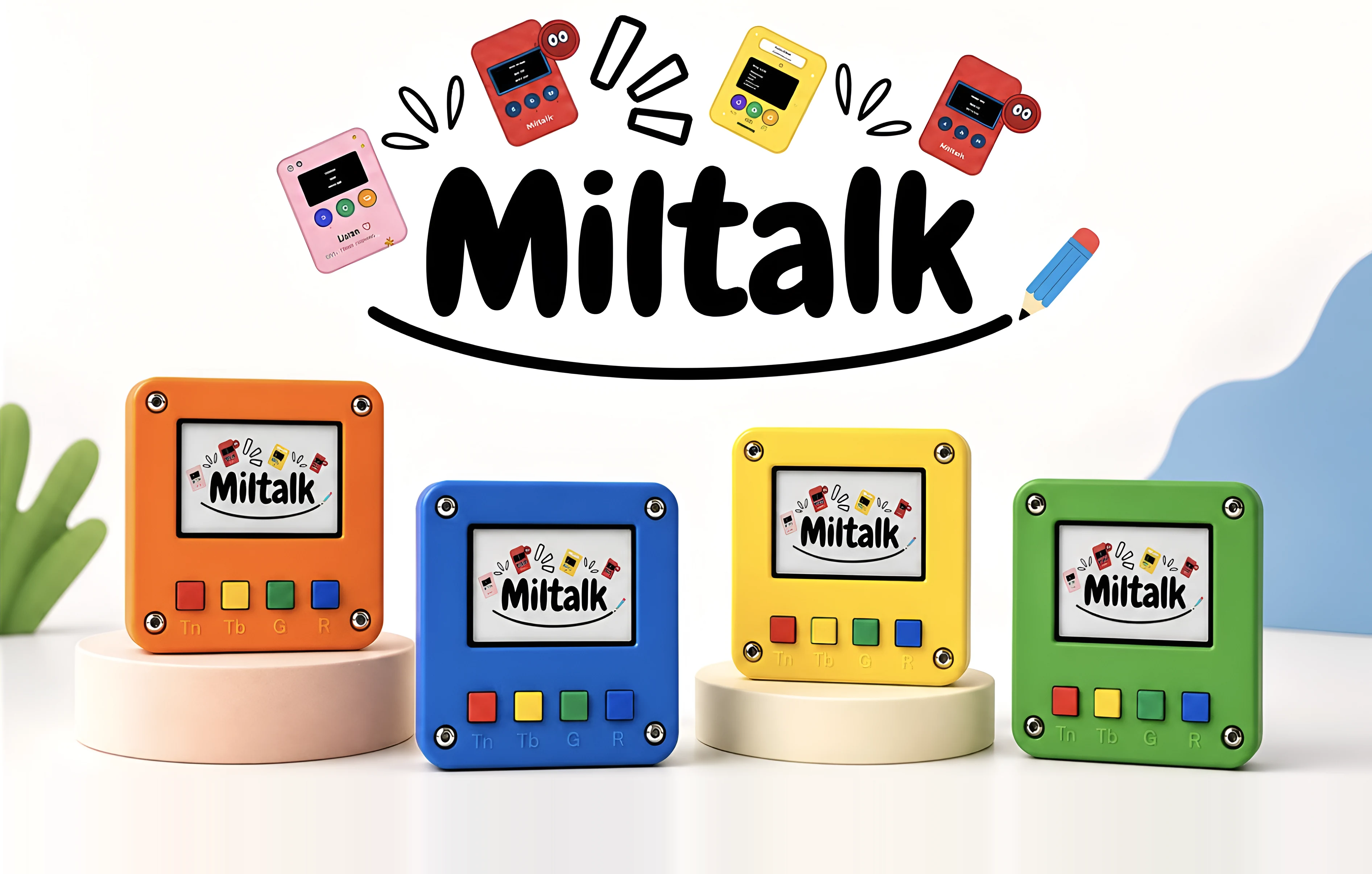 Miltalk brand artwork with four colourful learning kits